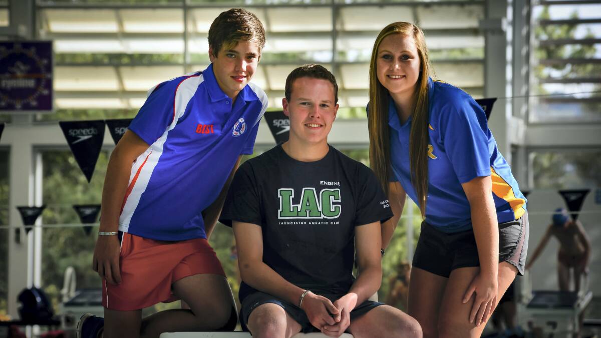 Ethan Best, of the South Esk Swimming Club, Callum Izard, of  the Launceston Aquatic Club, and Madeline Curtis, of  the Riverside Aquatic Club, are  all set for  this weekend's Tasmanian age swimming championships in Hobart. Picture: PHILLIP BIGGS