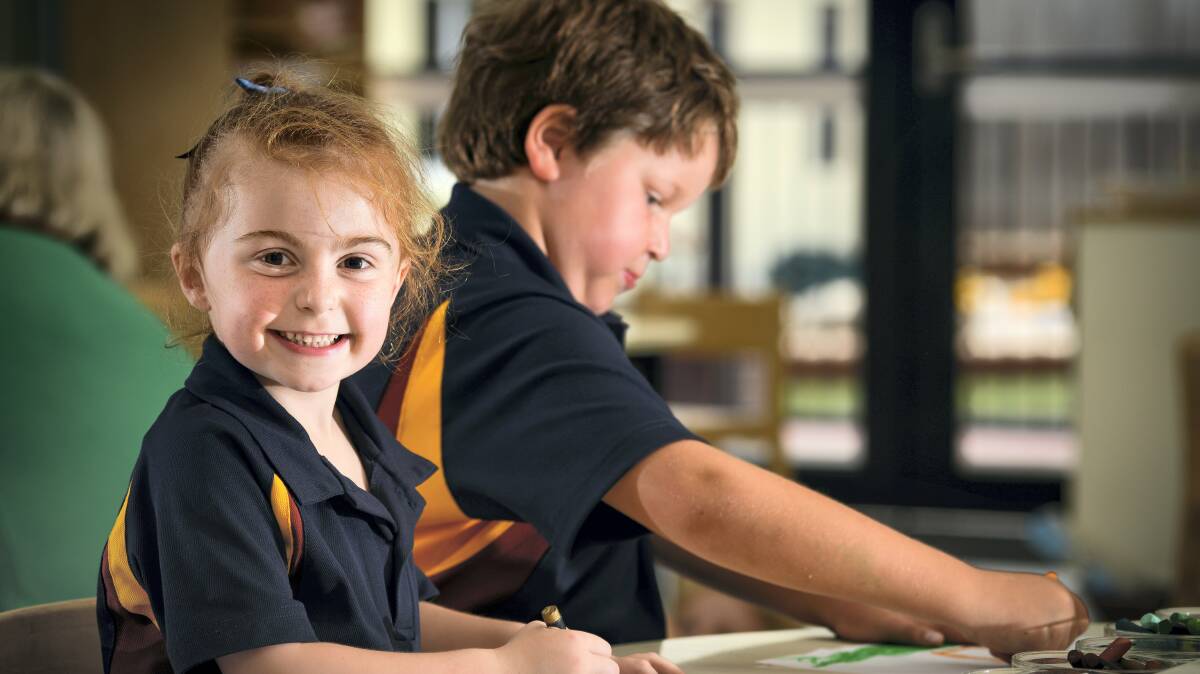 Prep pupils  Mia Carroll and Tennison Stopford during their first day at Scotch Oakburn College. Picture: PHILLIP BIGGS
