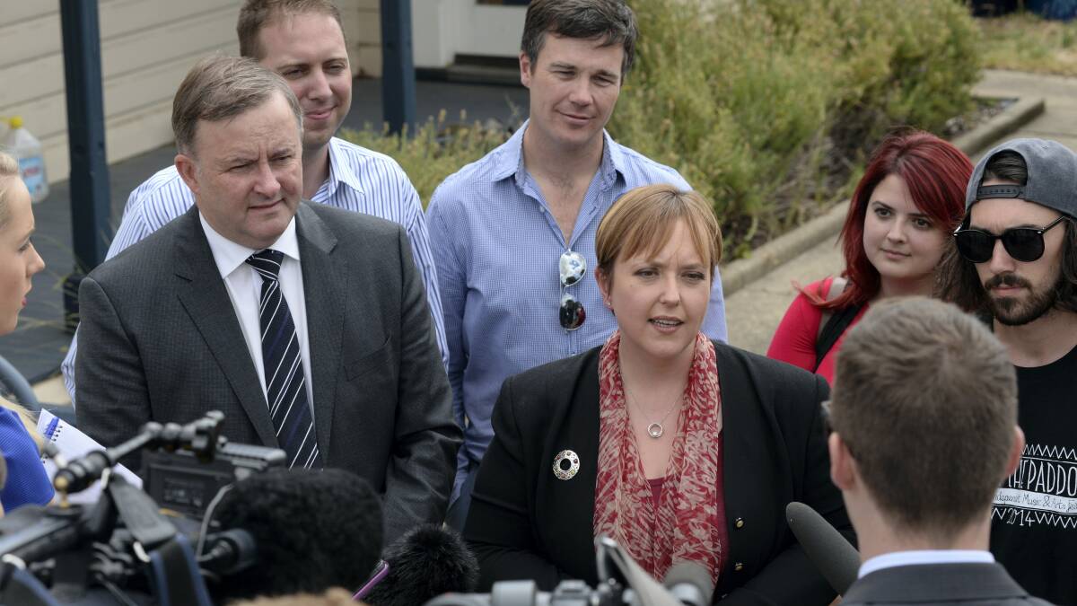 Premier Lara Giddings and federal opposition infrastructure spokesman Anthony Albanese discussing the NBN in Launceston's Leslie Street yesterday.