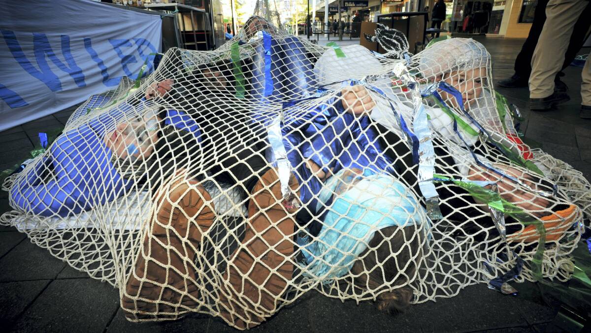 Super trawler protesters lay in a fishing net in the middle of Launceston's Brisbane Street Mall yesterday. Picture: SCOTT GELSTON