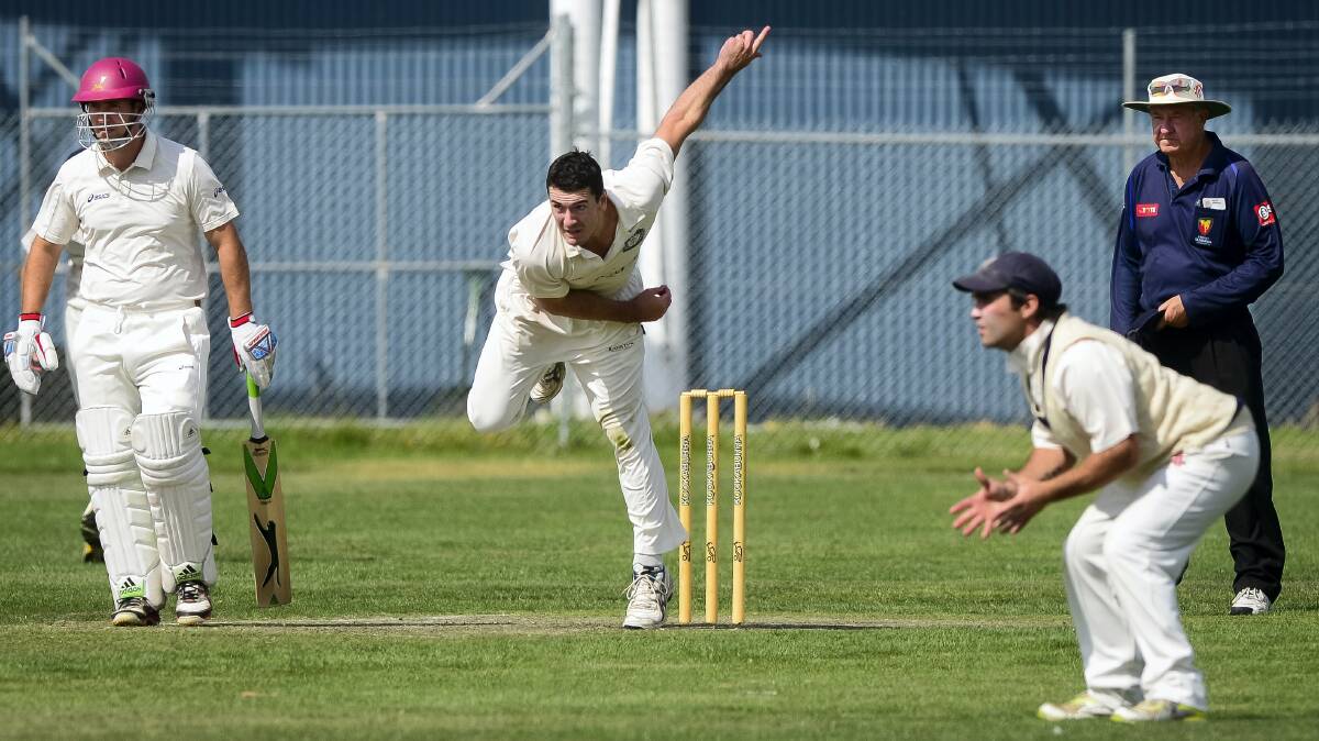 Riverside bowler Alex Saunders  in action yesterday on his way to a five-wicket haul against Mowbray.  Pictures: PHILLIP BIGGS