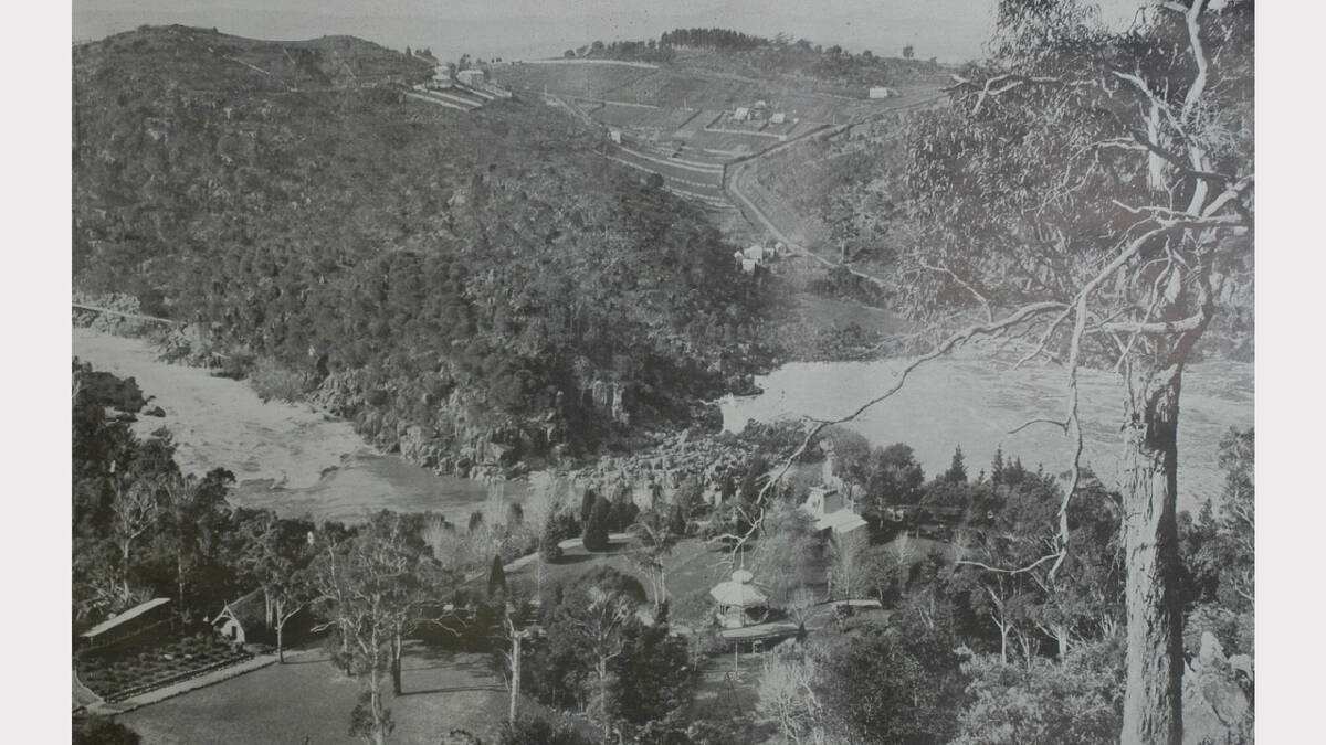 Cataract Gorge - a view from the Cliff Grounds showing First Basin and Giant's Grave. The Weekly Courier, November 9, 1909.
