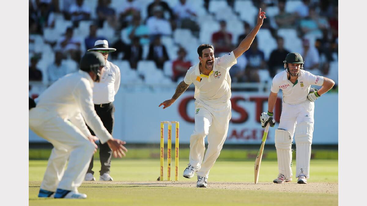 Mitchell Johnson of Australia appeals, but fails to get the wicket of Hashim Amla of South Africa during day 4 of the third test match between South Africa and Australia at Sahara Park Newlands. Photo: Getty Images