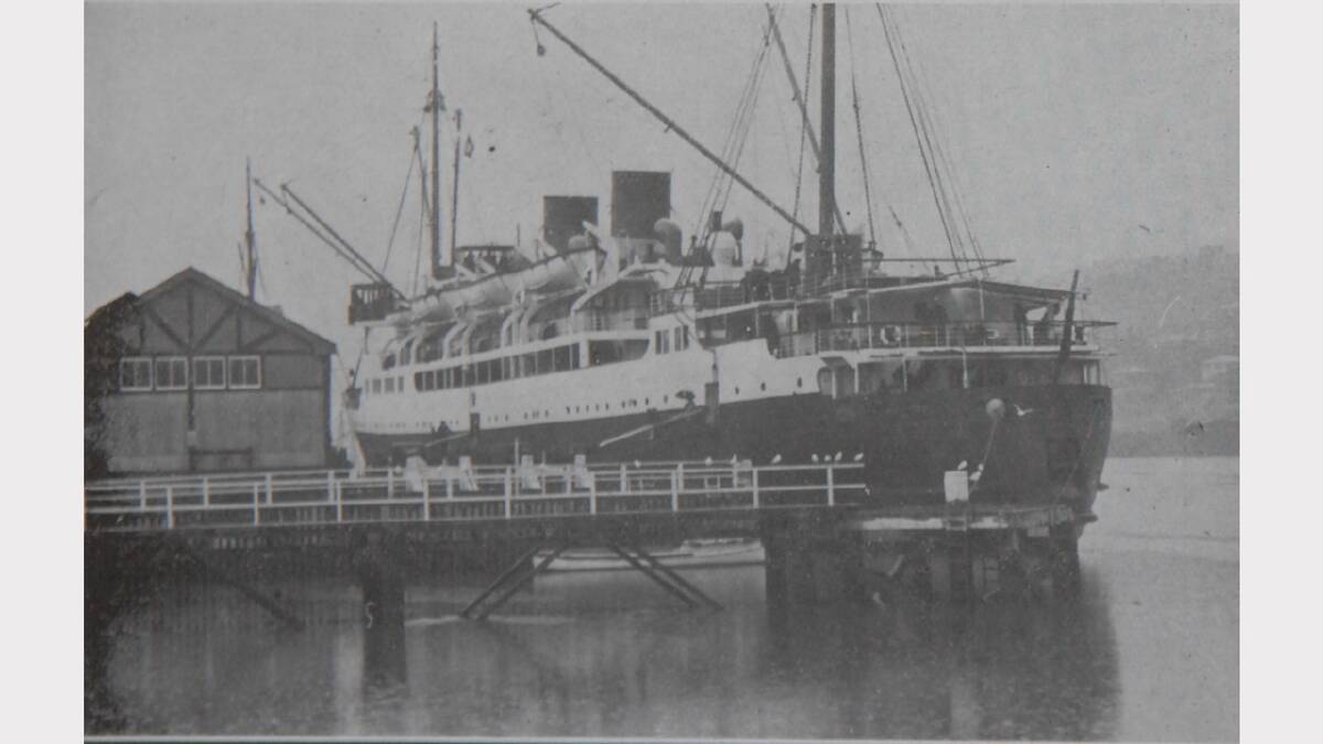 A stern view of the Taroona alongside King's Wharf for the first time. The Weekly Courier, March 21, 1935.