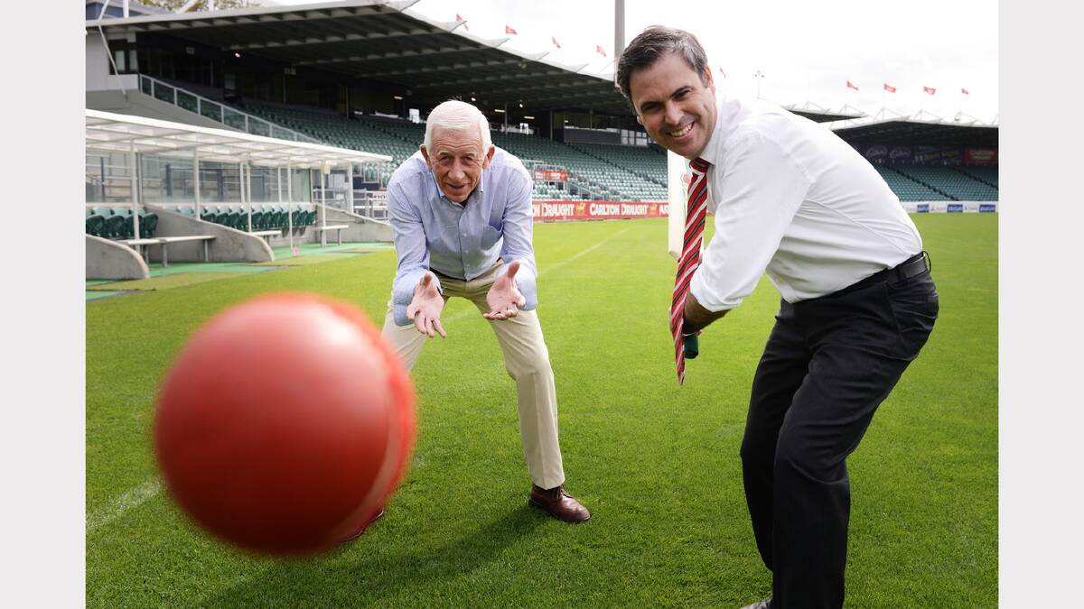 Inveresk and York Park authority chairman Robin McKendrick and Bass Labor MHA Brian Wightman test out the cricket conditions at Aurora Stadium. Picture: SCOTT GELSTON