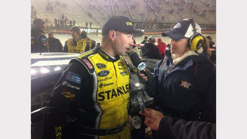 Marcos Ambrose talks to the media after today's race.