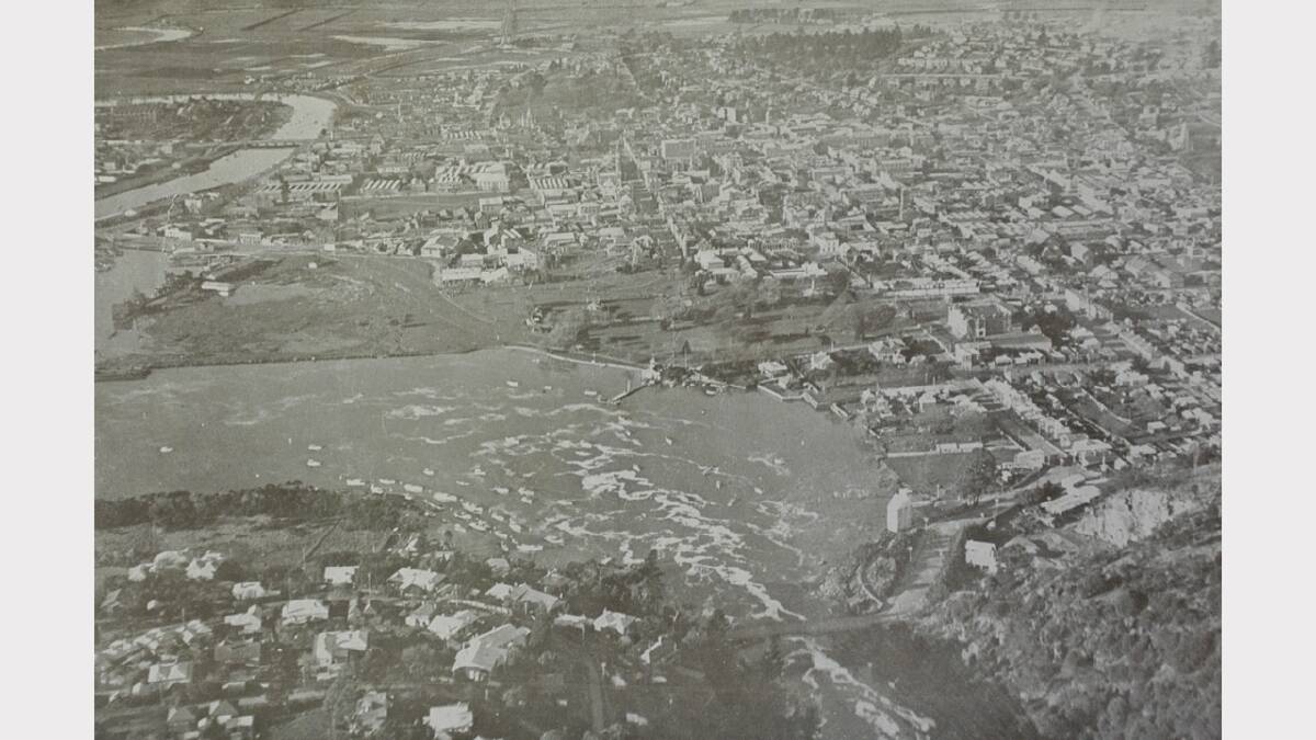 An aerial view of Launceston, showing the point where the Cataract Gorge flows into the Tamar. The Courier, November 4, 1931.