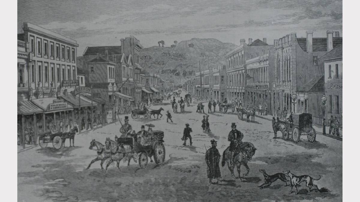 A section of Brisbane Street in 1879. On the right, the old Brisbane Hotel can be seen. The photo was reproduced from a woodcut in an old Illustrated Paper. 