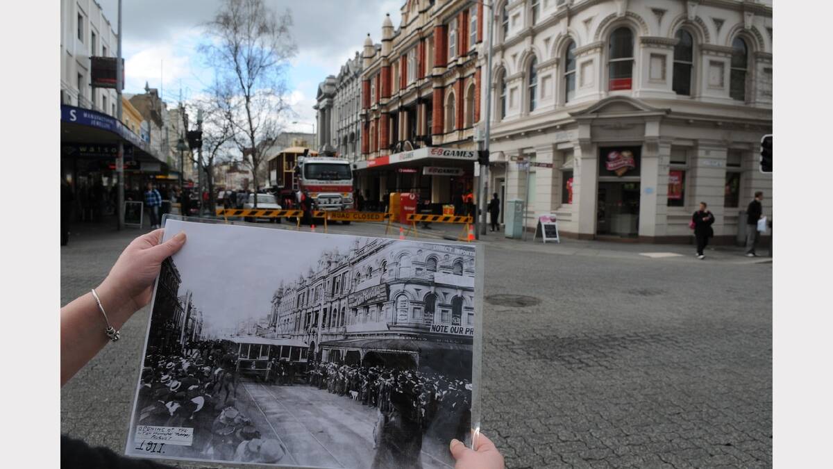 A then and now comparison of Brisbane Street at the St John Street intersection. The insent image is at the opening of the Launceston Municipal Trammery in August 1911.