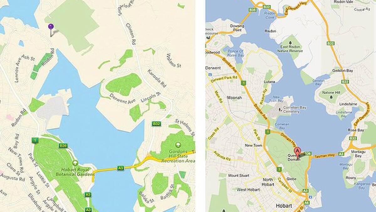 River Derwent in Hobart shown on Apple Maps, left, and right on Google Maps. Apple Maps disconnects the river using land (it is not disconnected).