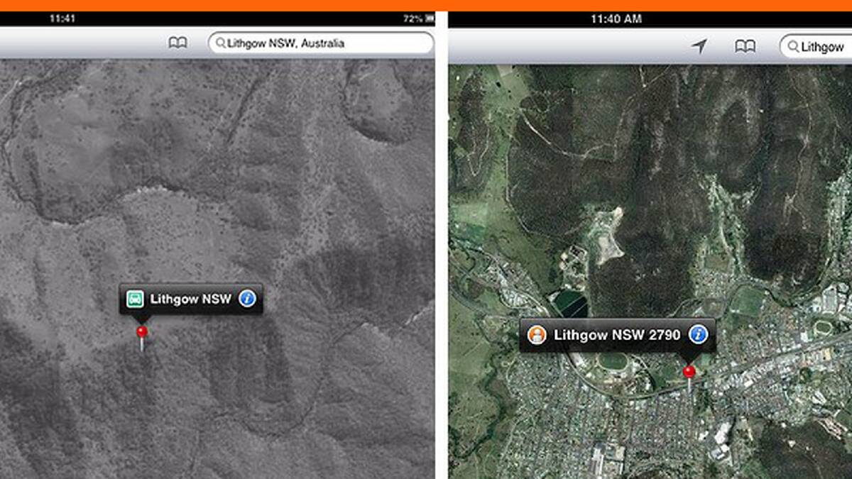 "Lithgow" in NSW on Apple Maps, left, and on Google Maps, right. Apple Maps lists it in the wrong place.