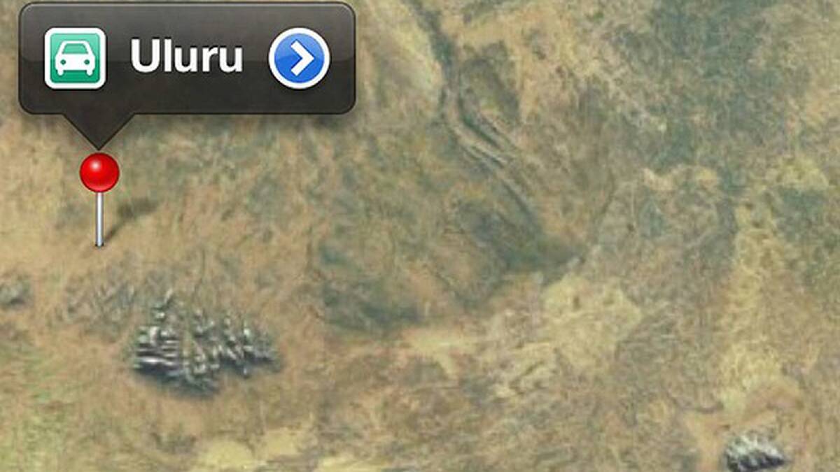 Uluru, bottom right, as seen on Apple Maps. Apple's pin for it is not in the right spot.