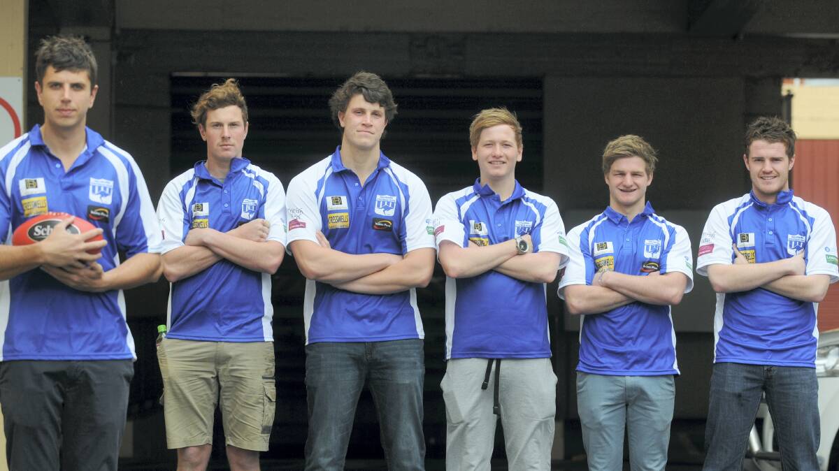 Deloraine Football Club's Marcus Lee, Dylan Visser, Rory Mansell (playing coach),  Ben Killalea, Will Von Stieglitz and James Whiteley. Picture: PAUL SCAMBLER