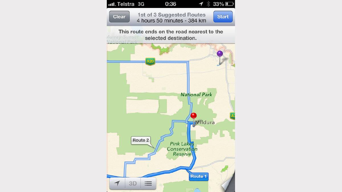 A screengrab of the Apple Maps directions to Mildura. Source: Victoria Police