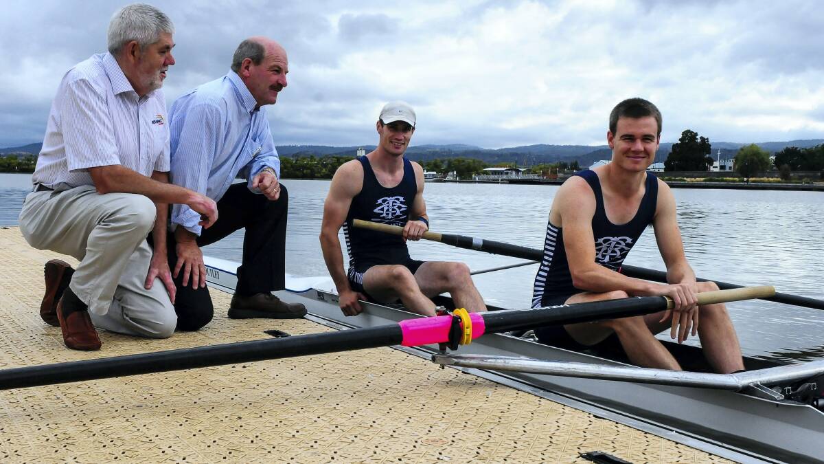 Rowing Tasmania president Jim Gibson, Liberal Lyons MHA Mark Shelton and rowers Brendan Longman and Matt Wyton. Picture: NEIL RICHARDSON