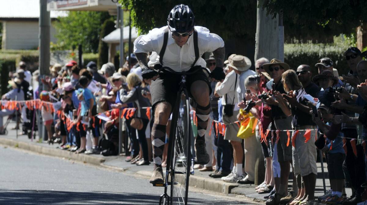 Sam Tully, of Townsville, winner of the novice penny farthing race at Evandale yesterday. Picture: PAUL SCAMBLER