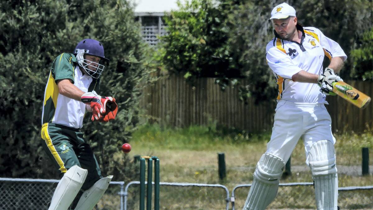 Beauty Point batsman Vaughan Rose plays at the ball as Legana wicketkeeper Stuart Brown looks to take possession during yesterday's clash at Legana. Picture: NEIL RICHARDSON