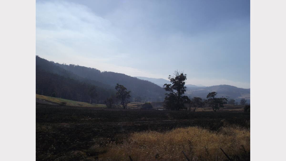 Some of the burnt land near Dunalley on Saturday. Crews moving to perform asset protection but redirected''.