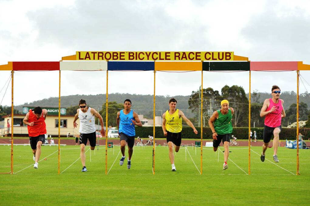 Andrew Robinson (second-placed), Matt Hargreaves, Jesse Usoalii, Jacob Despard, Dan Le Moto (third-placed), and winner Rhyce Parkinson in yesterday's Latrobe Gift.