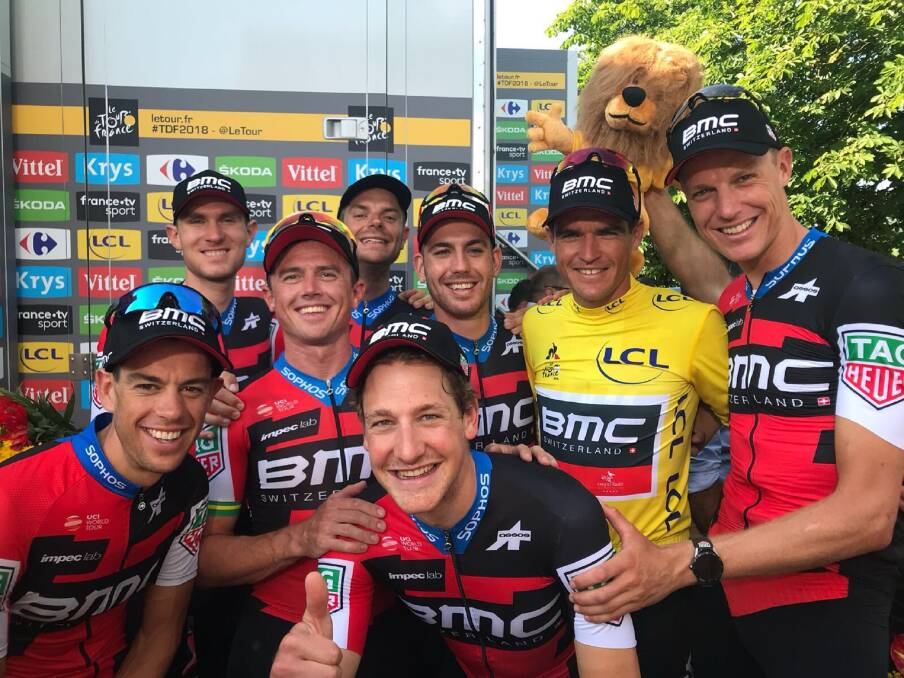 Team bonding: Richie Porte (left) celebrates a Tour de France stage win with his BMC teammates including new yellow jersey wearer Greg van Avermaet. Picture: Team BMC